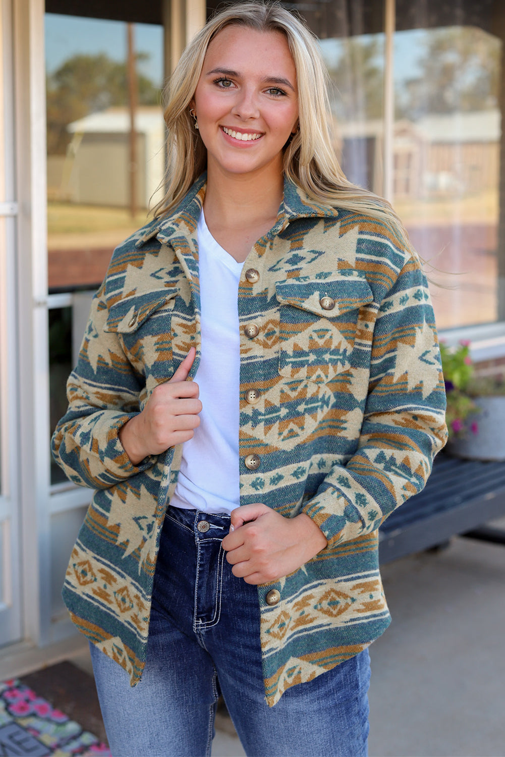 Blue Western Aztec Print Button Bouton Pocket Shacket