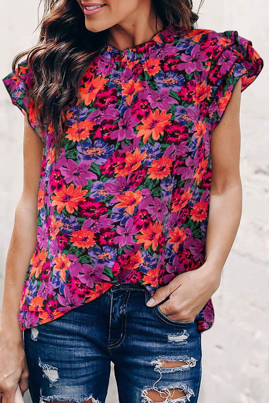 Blusa de manga con niveles de estampado floral multicolor