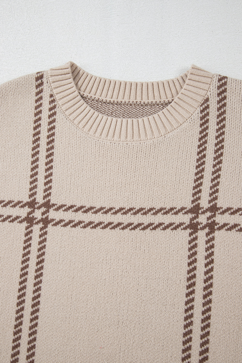 Khaki Plaid Pattern Knitted Drop Shoulder Sweater