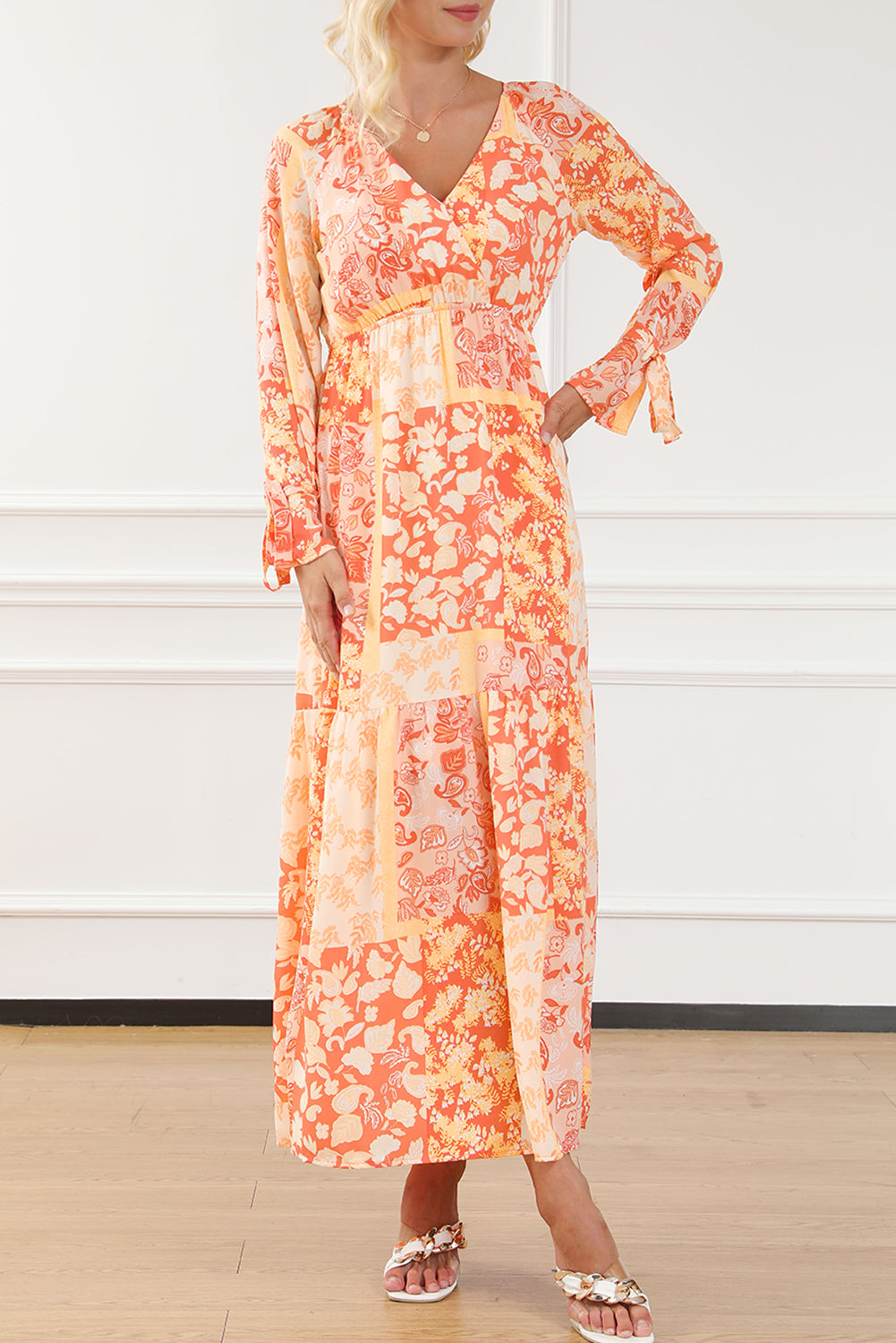 Orange Boho Floral Wrap V Corcha con cuello Vestido de manga larga