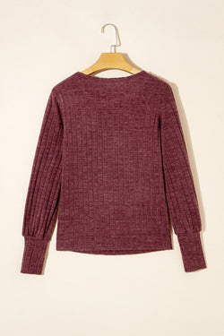 Mineral Red Ribbed Bishop Sleeve Crew Neck Top