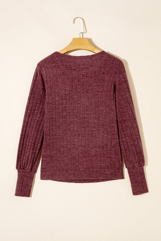 Mineral Red Ribbed Bishop Sleeve Crew Neck Top