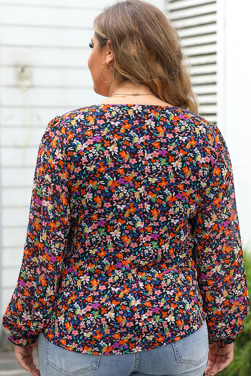 Black Plus Size V Neck Bubble Maniche Floral Blouse