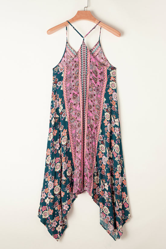 Bohemian pink floral print patchwork long summer dress