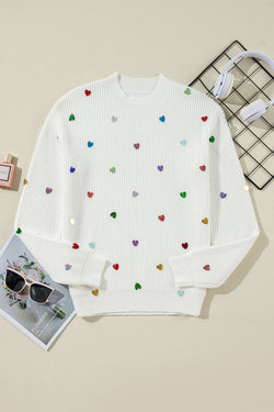 Beige Sequin Heart Waffle Knit Crew Neck Sweater