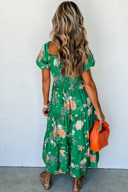 Green Floral Print Tiered Smocked Midi Dress