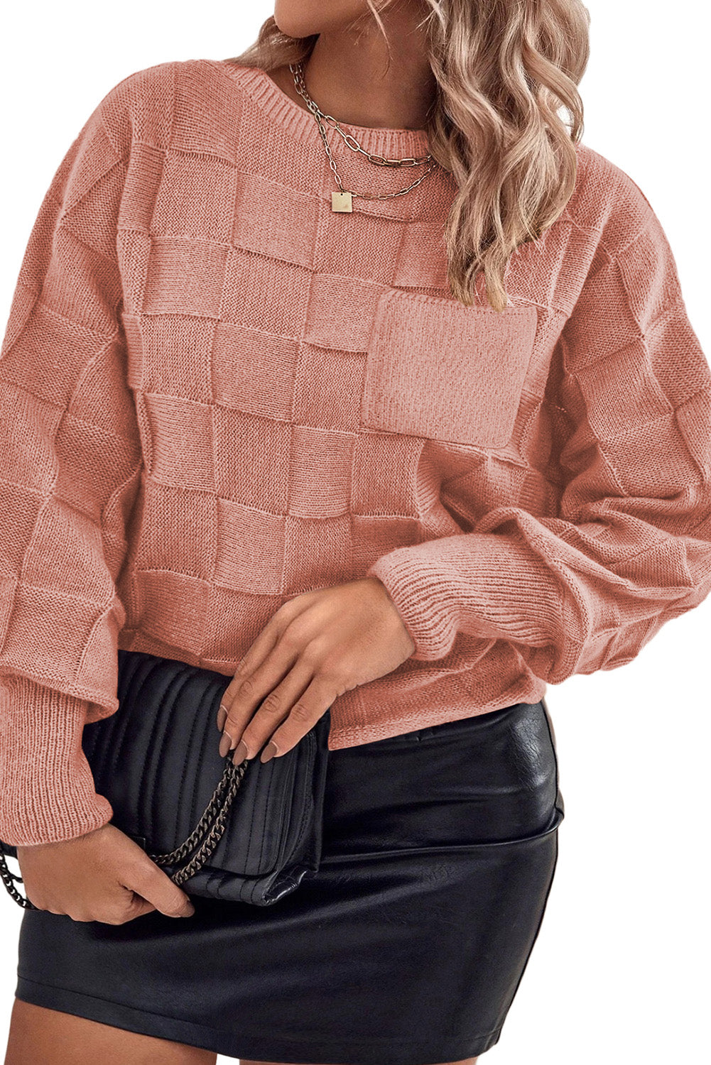 Rose Tan - Plus Size Solid Check Textured Knit Sweater