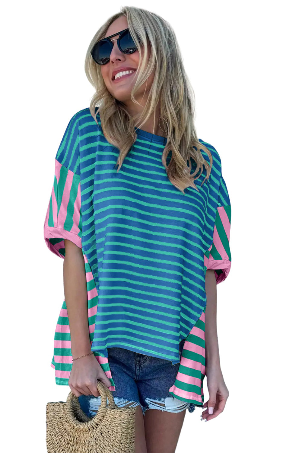 Blue Stripe Colorblock Patchwork Baggy T Shirt