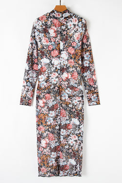 Mid-length dress with floral print and tight amount with long sleeve brown