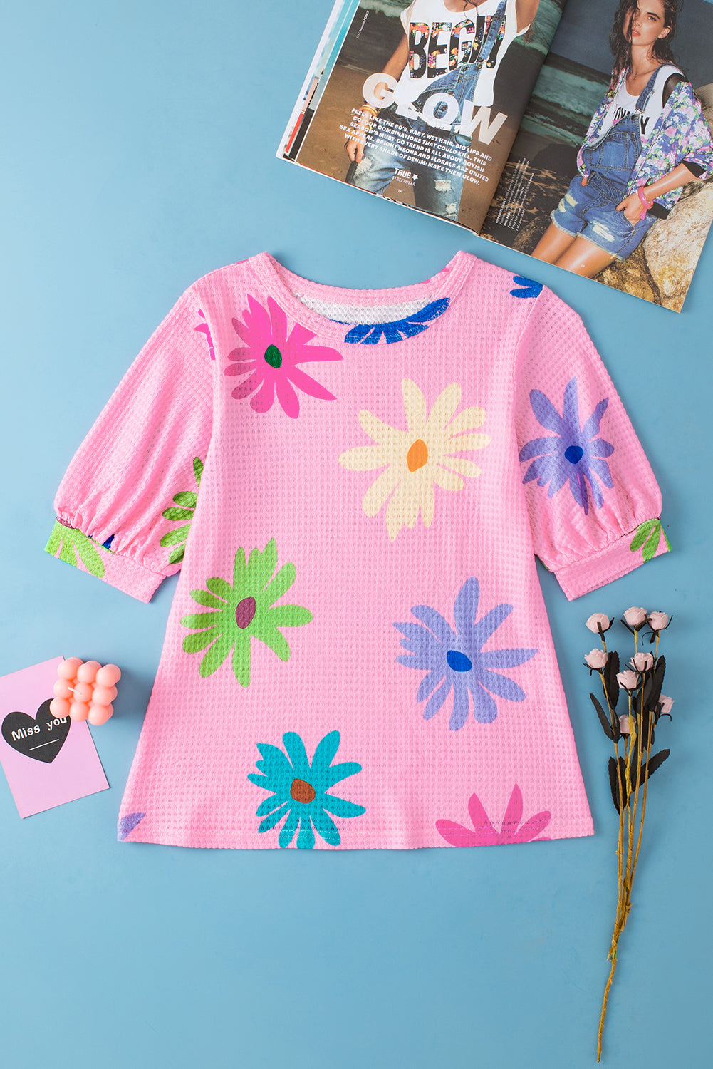 Pink Textured Colorful Floral Print Puff Sleeve T Shirt