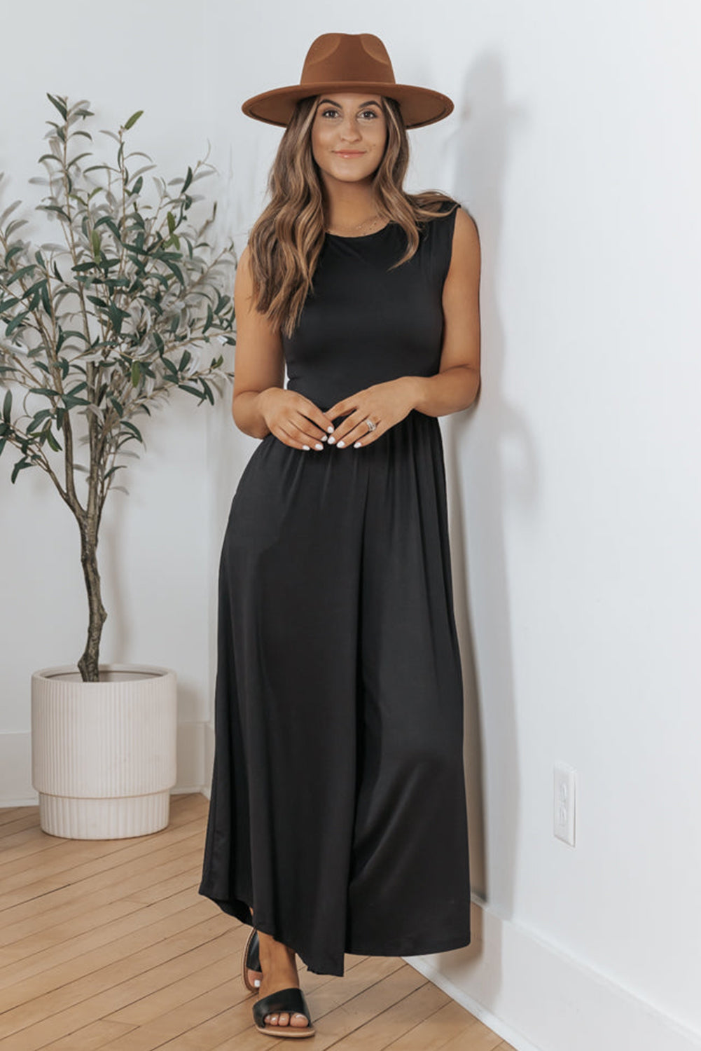 Schwarz Open Back Wide Bein Jumpsuit