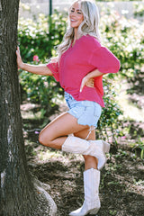 Short -sleeved top and pink strawberry pink knitting with split collar