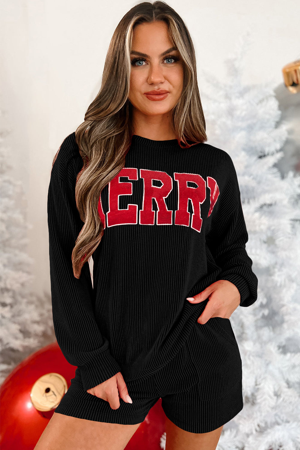 MERRY Graphic Drawstring Black Long Sleeve Top and Shorts Set