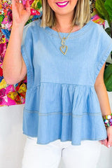 Top vasco de mezclilla con costuras de moda hermosos azules