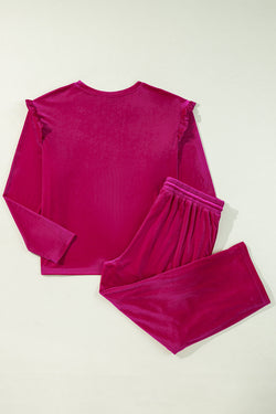 Ensemble pantalon deux pièces à volants en velours uni rouge Rose