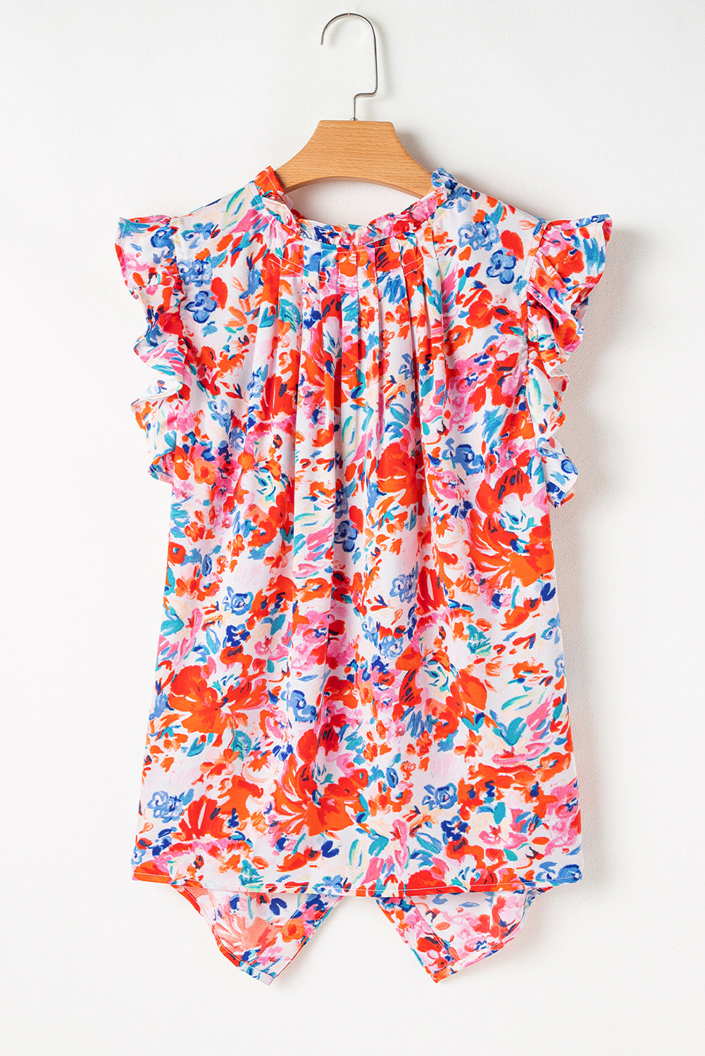 Camiseta de tanque floral boho plisado de cuello con volantes rojos