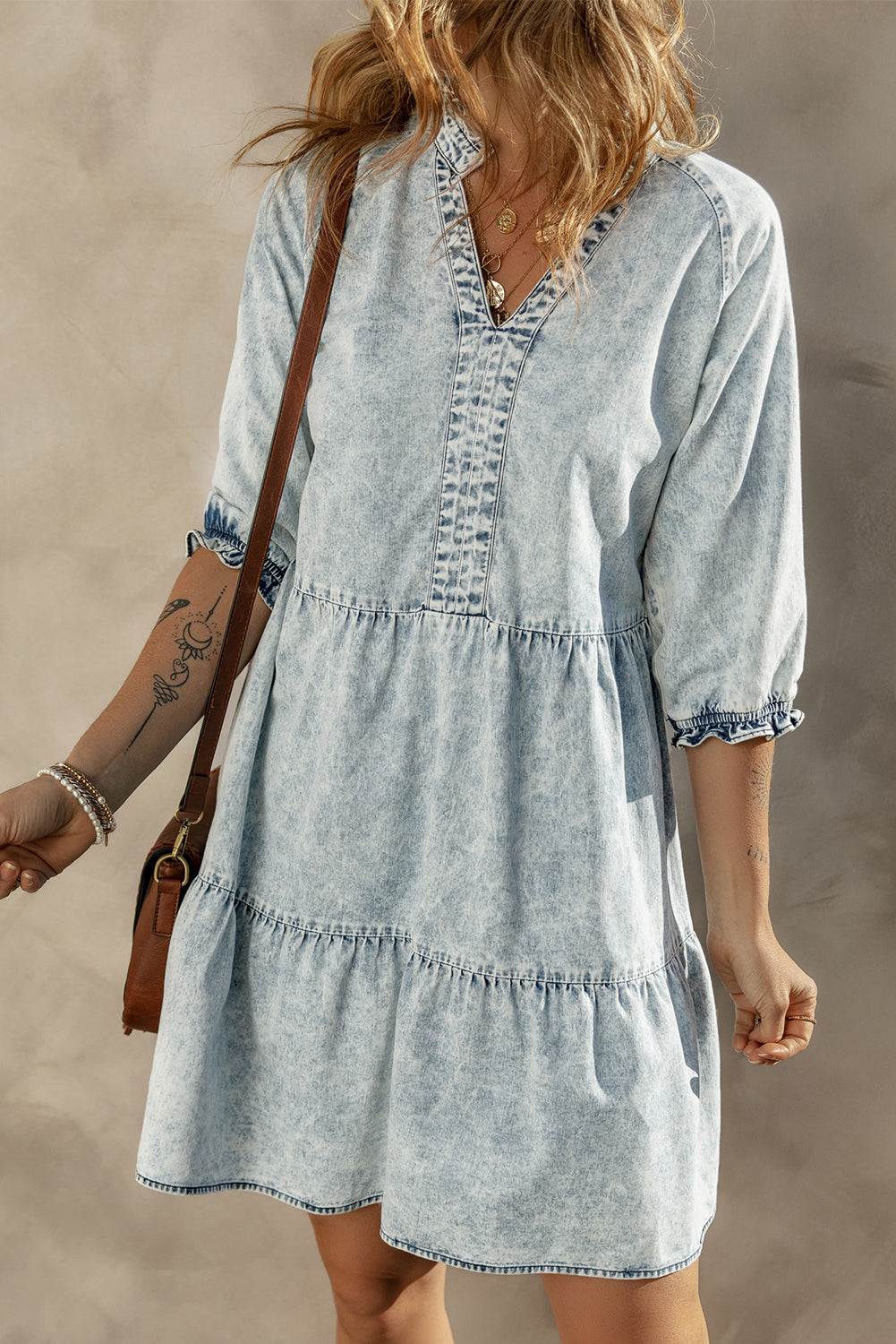 Dusk Blue Acid Wash Retro Robe en jean évasé à manches demi-manches