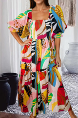 Long white bohemian dress with abstract and smocked print in square collar