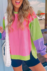Sweat-shirt décontracté à col rond et coutures exposées color block rose