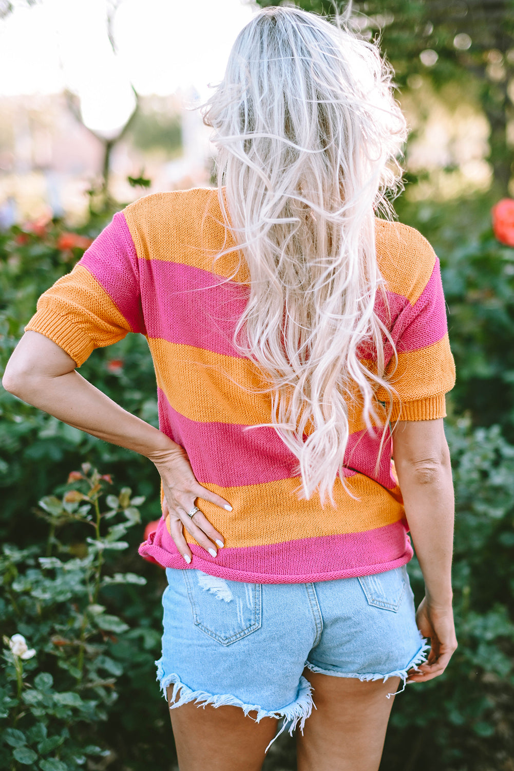 T-shirt tricoté de couleur orange Stripe Bloc en tricot