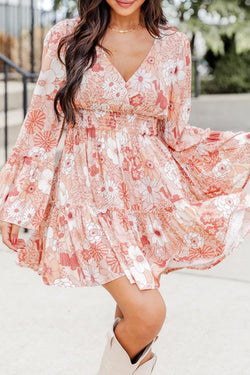 High Waist Smocked Floral Bell Sleeve Mini Dress