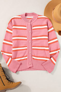 Pink striped cardigan sweater with dropped shoulders and buttons