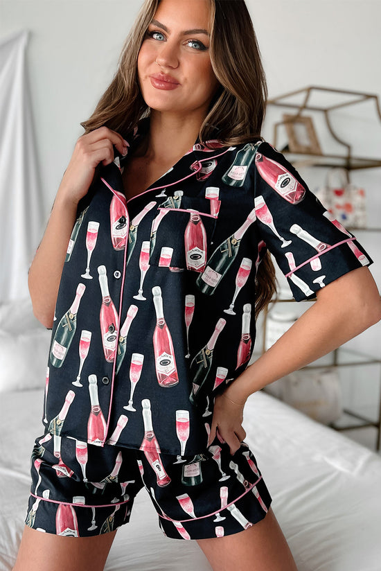 Single pajamas with short sleeves and black champagne print