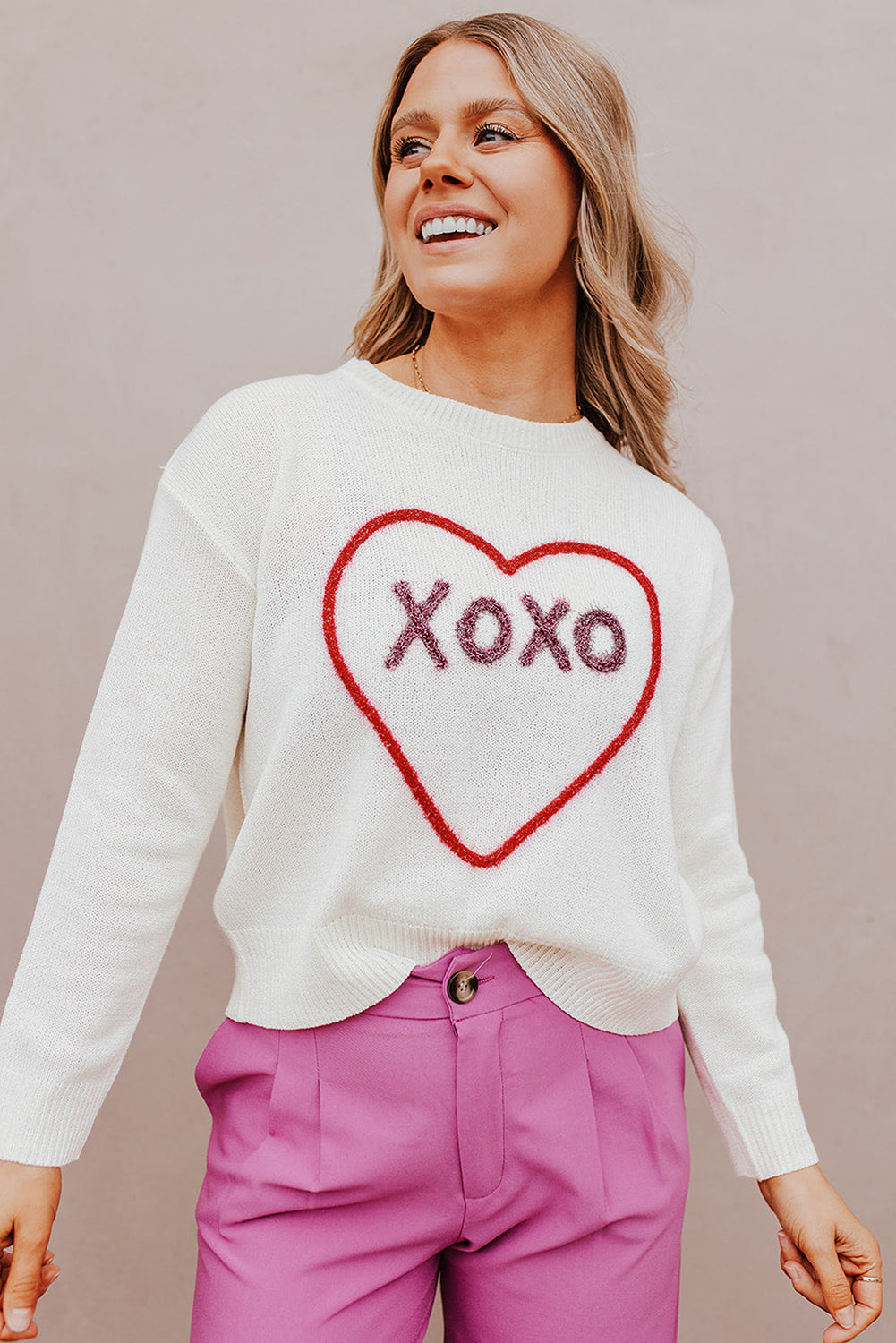 Weißes Herz Xoxo Muster Drop Schulterrippenstrickpullover