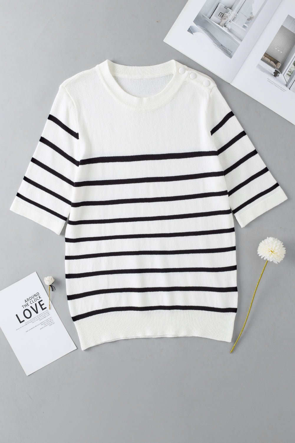 White Stripe Striped Half Sleeve Knitted Tee