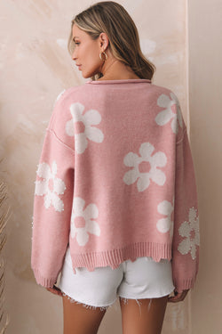 Pull multicolore à épaules tombantes et fleurs perlées