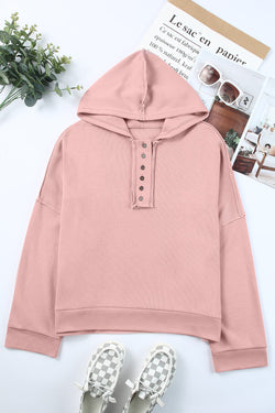 Casual pink hoodie with buttons and united patchwork border