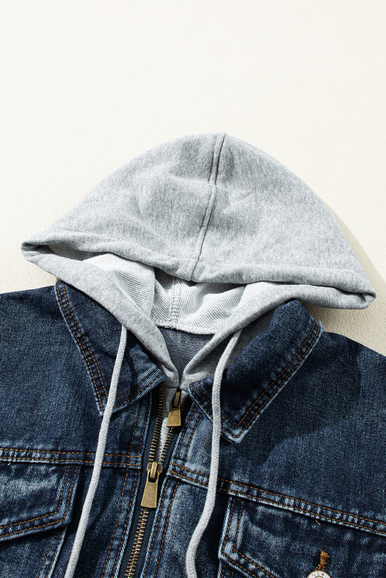 Dark Blue Two Piece Hooded Zip Up Denim Jacket