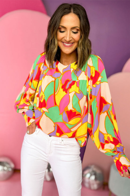 Yellow blouse with puffy sleeves and abstract print