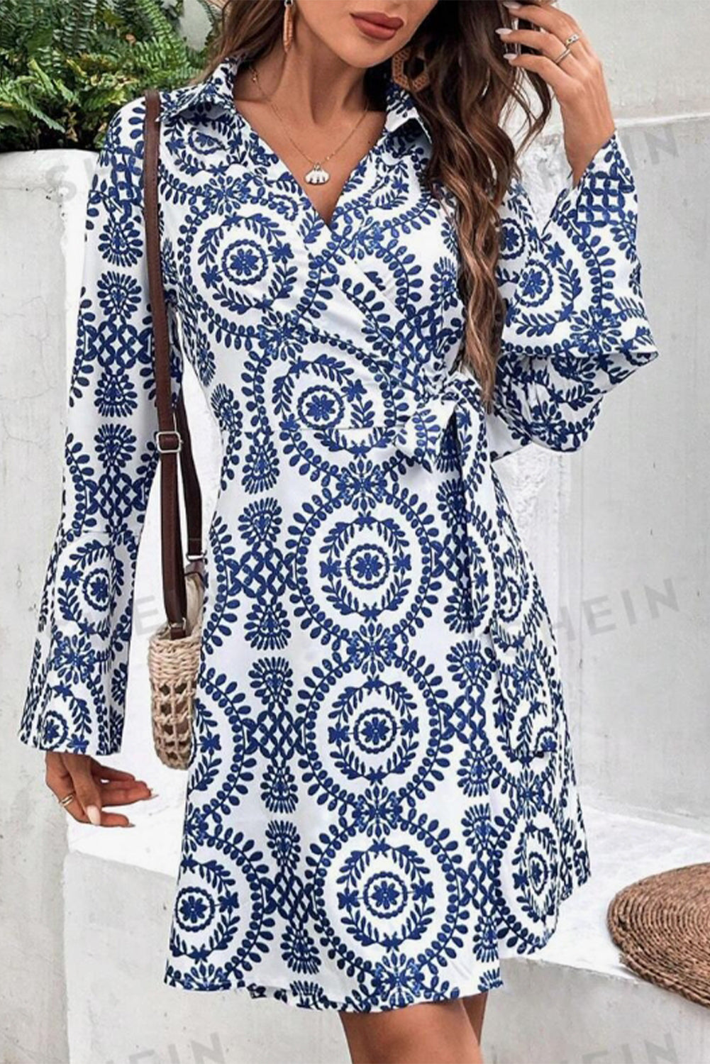 Blue Floral Print V-Neck Long Sleeve Wrapped Bow Dress