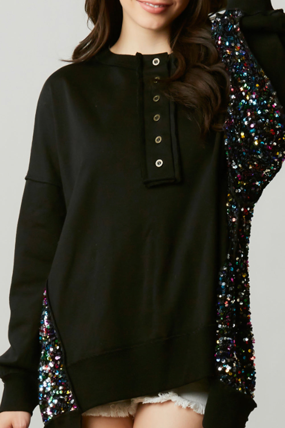 Sweat Henley Henley Patchwork Black Sequin Patchwork élevé