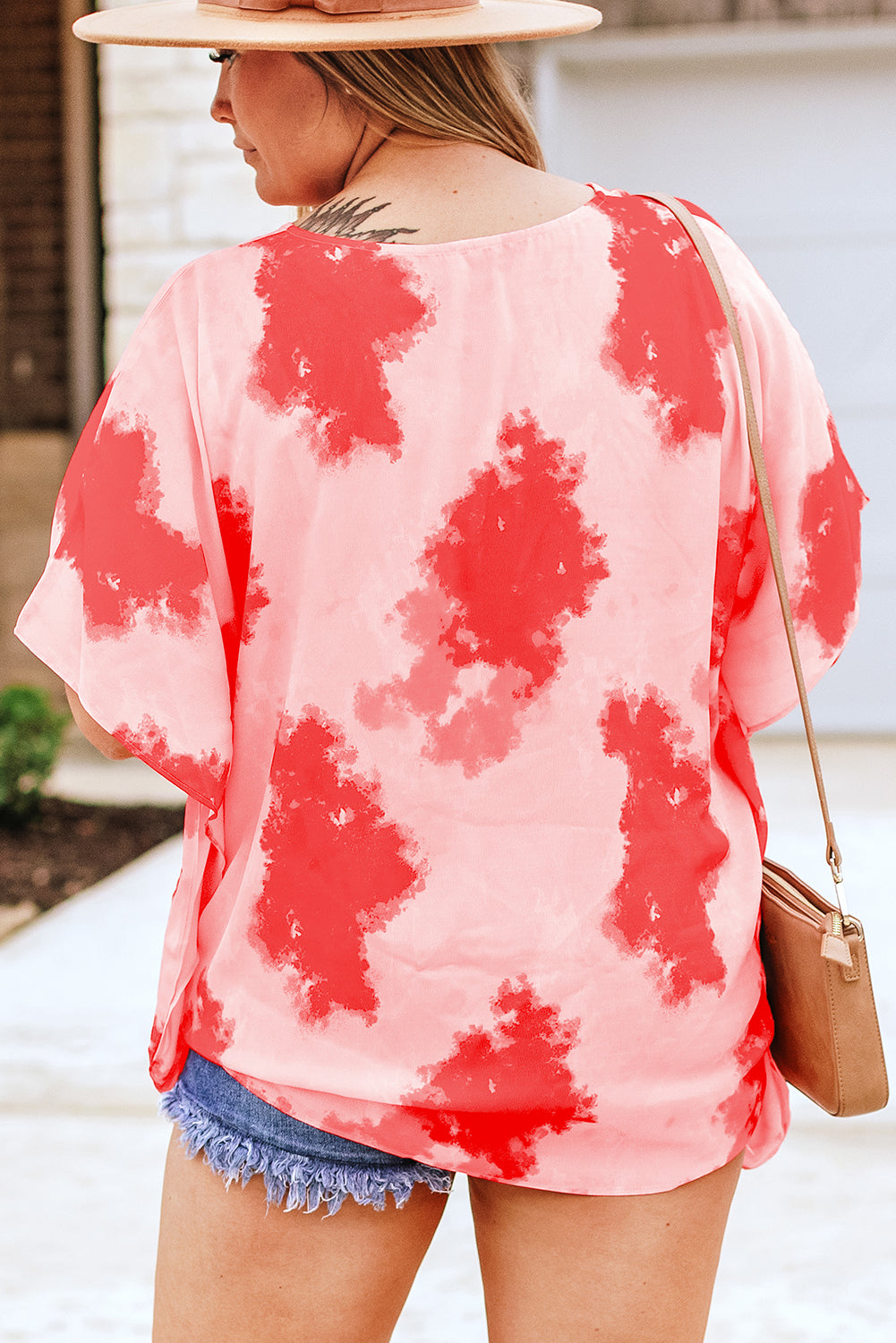 Red Plus Size Tie-dye Print 3/4 Sleeve Tunic Top