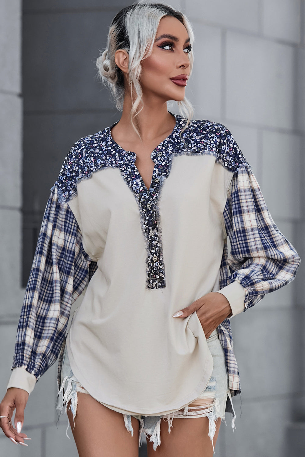 Blue Floral Plaid Mixed Print Bishop Sleeve Patchwork Top