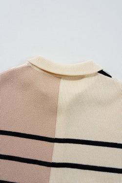 Short -sleeved sweater dress and zipped collar with khaki stripes