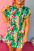 Mini-abstract print red and ruffle neck and green ruffle sleeves