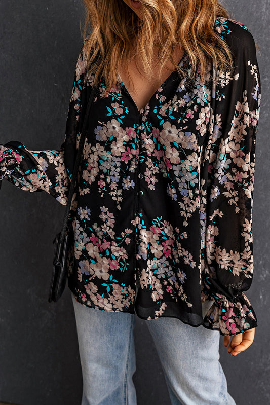 Schwarze Wildblume -Druck -Chiffon -Bluse