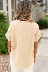 Half-low-cut-out high-sleeved top and crumpled textured tapered border parchment
