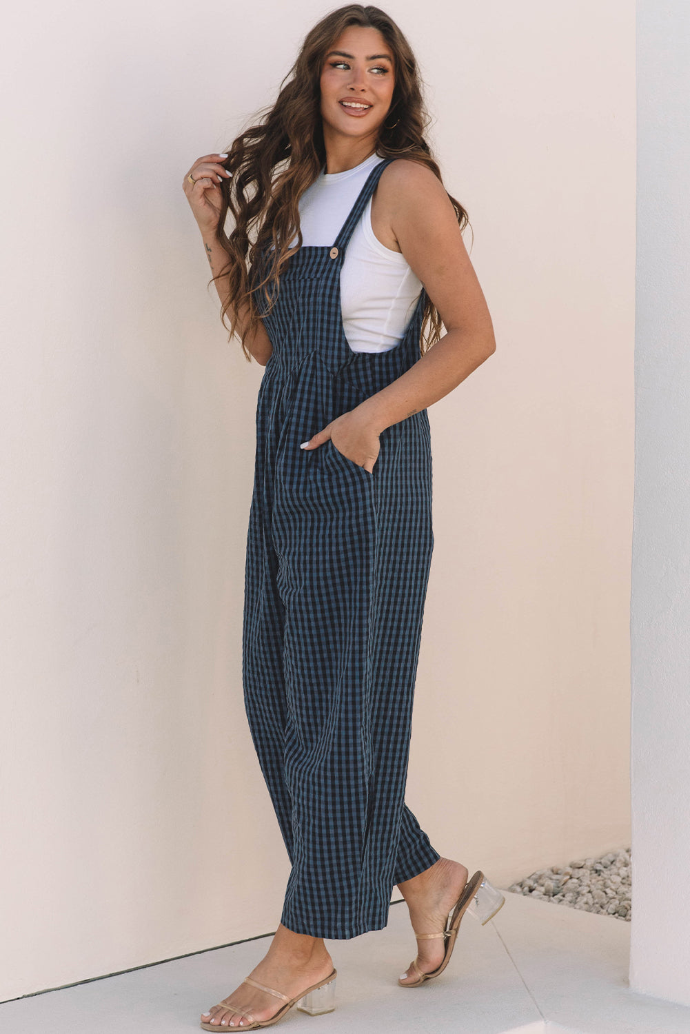 Blue Sail Plaid Print Buttoned High Waisted Overalls