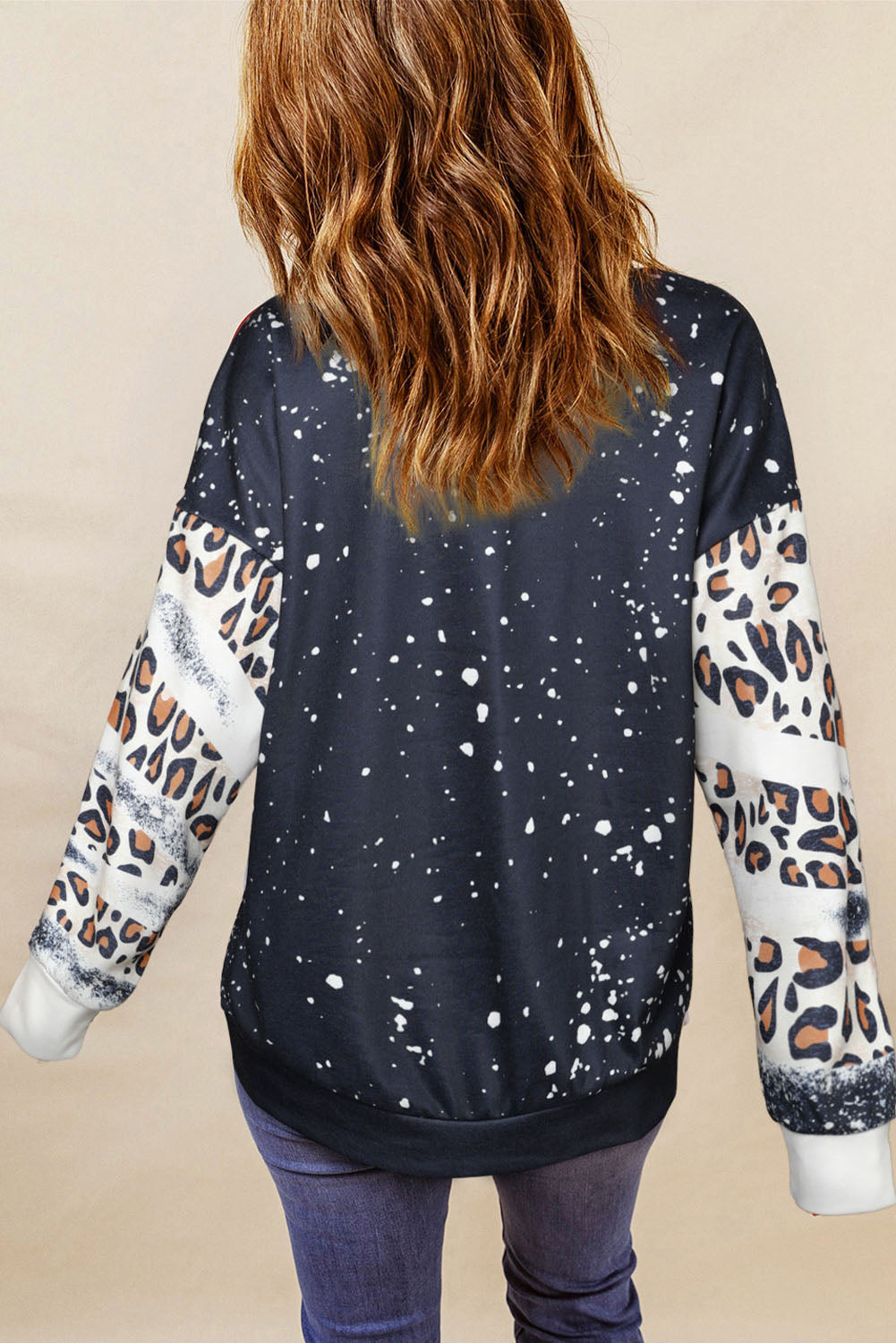 Sweat-shirt noir à épaules tombantes et imprimé léopard tie-dye