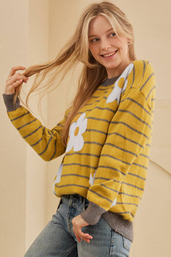 Yellow Striped Floral Daisy Knitted Crew Neck Sweater