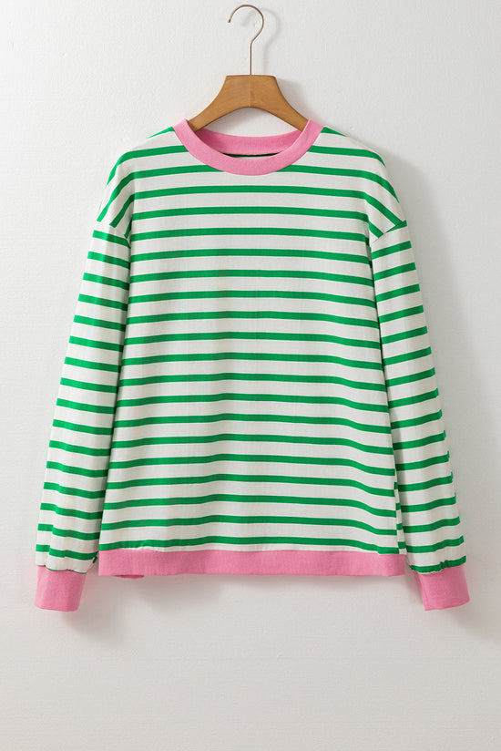 Bright green striped long sleeve top with contrasting edges