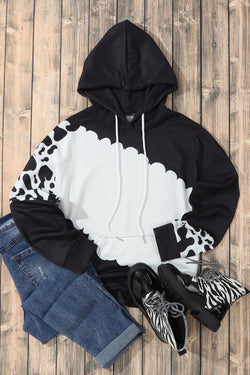 Black drawstring hoodie with cow tie-dye print