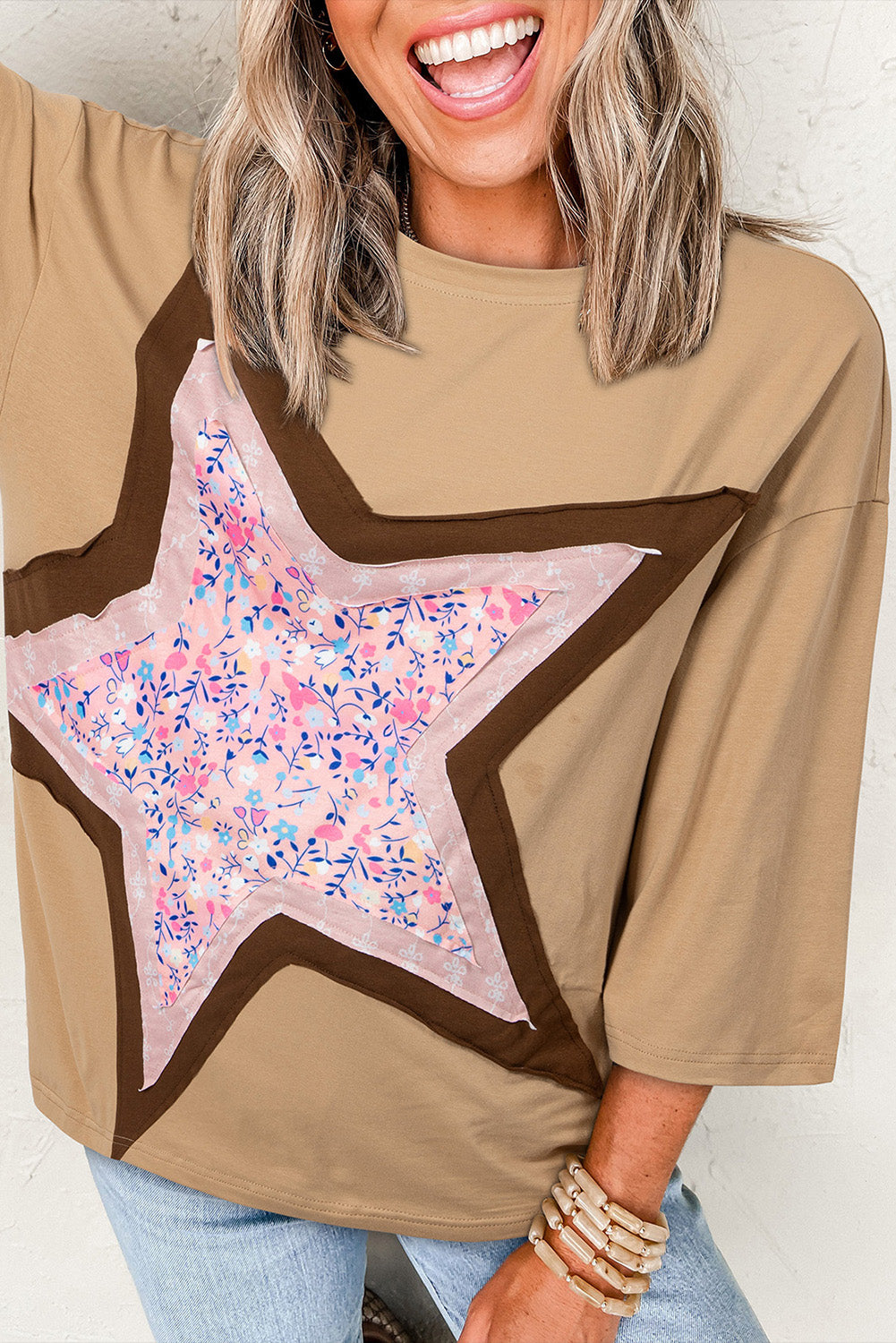 Camel Floral Star Patchwork 3/4 Sleeve Top