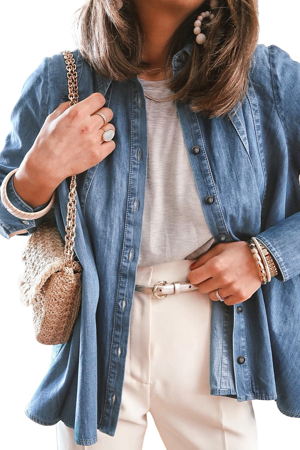 Sky Blue Button-up Langarm Denim Hemdjacke