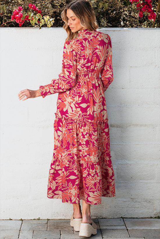 Pink Floral Print Buttoned Smocked High Waist Maxi Dress