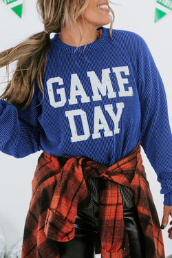 GAME DAY Print Long Sleeve Crew Neck Top in Blue Cord